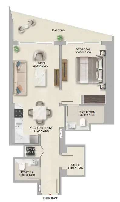 The Tranquil at Sobha Central 1 bed floor plan, 731 sqft
