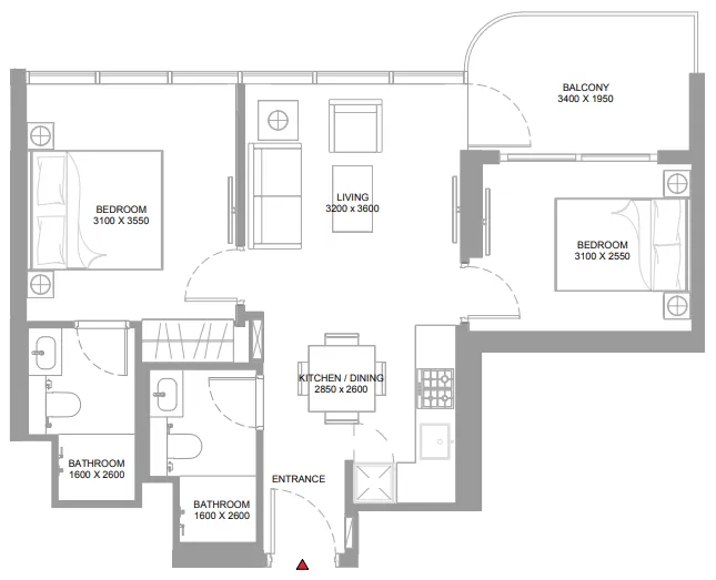 Yachtside Marina Residences 2 bed floor plan, 686 – 688 sqft