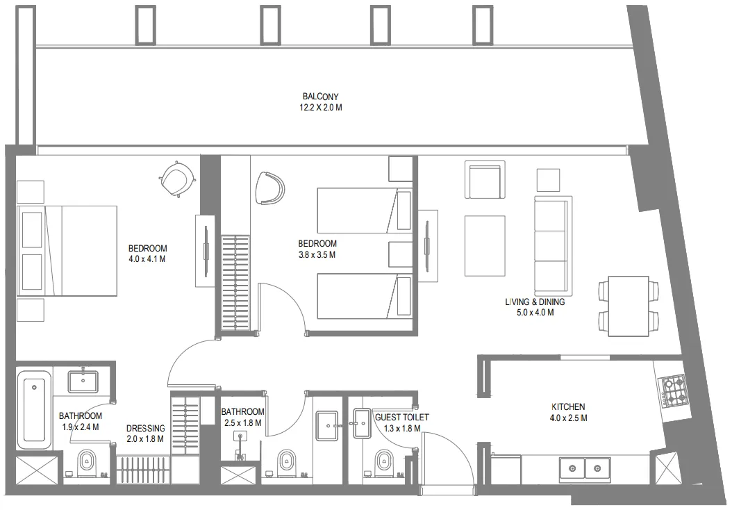 Safa 1 2 bed floor plan, 1,284 sqft
