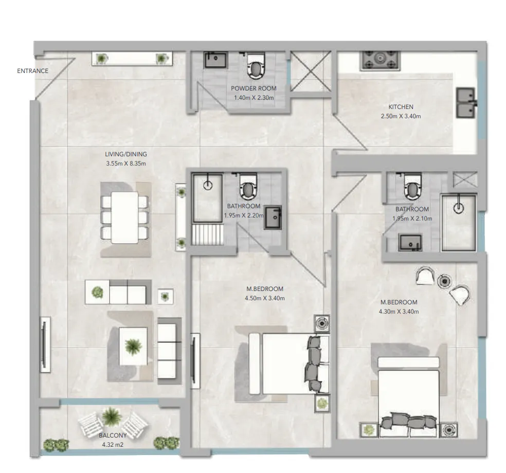 Al Aamra 3 Tower 2 bed floor plan, 1,517 – 1,518 sqft