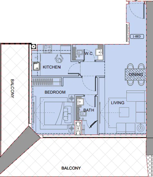 One by Binghatti 1 bed floor plan, 1,240 sqft