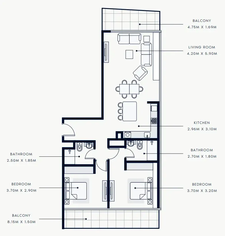 Riviera Rêve 2 bed floor plan, 1,223 – 1,275 sqft