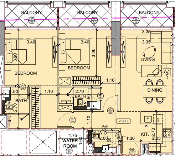 Binghatti Twilight 2 bed floor plan, 1,058 sqft