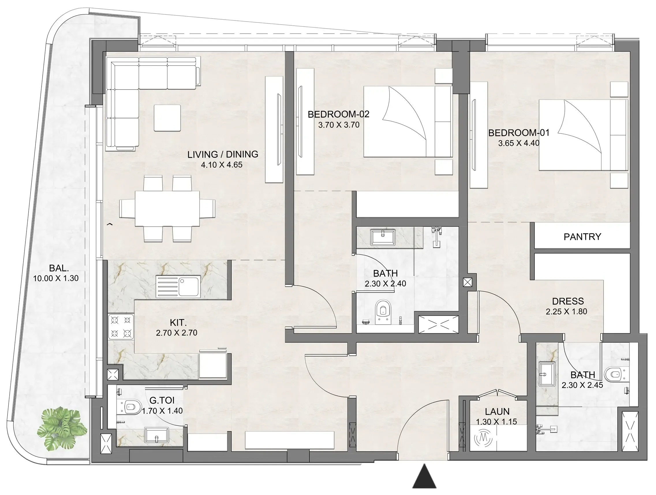 Luzora Residence 2 bed floor plan, 1,349 sqft