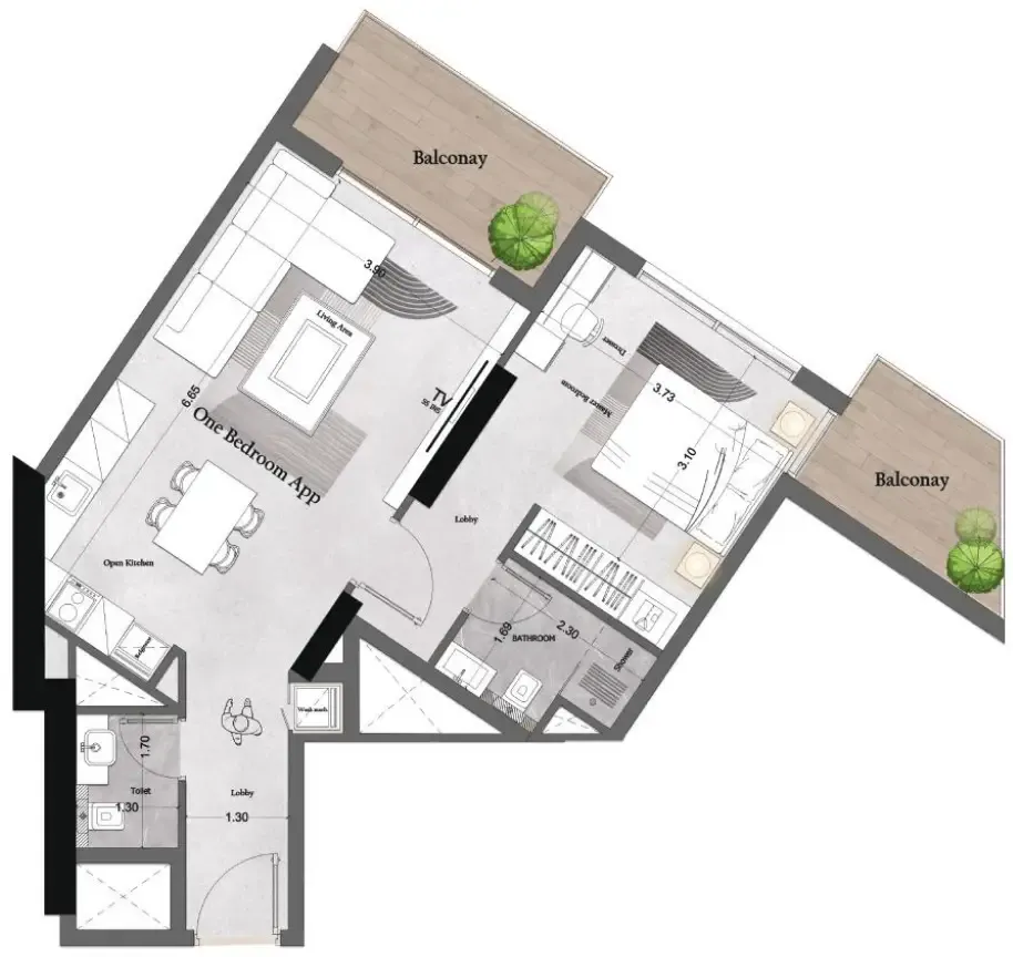 Saray Prime Residence 1 bed floor plan, 739 sqft