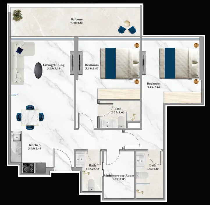 Aspirz 2 bed floor plan, 987 – 1,011 sqft