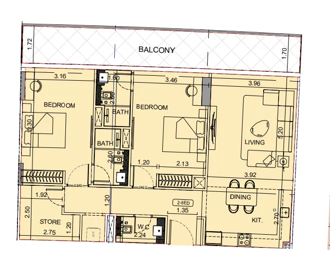 Binghatti Aquarise 2 bed floor plan, 1,335 sqft
