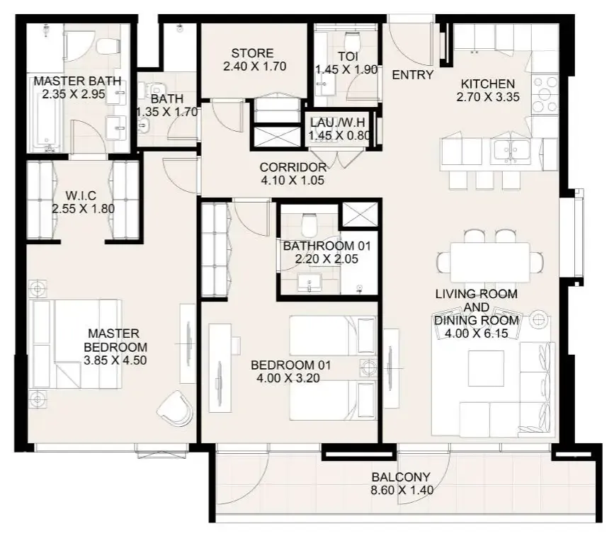 Canal Front Residences 3 and 4 2 bed floor plan, 1,417 sqft