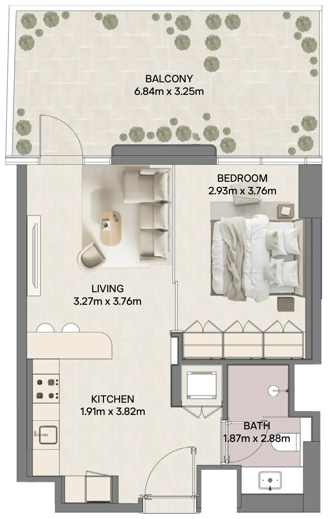 Mirasol II 1 bed floor plan, 760 sqft