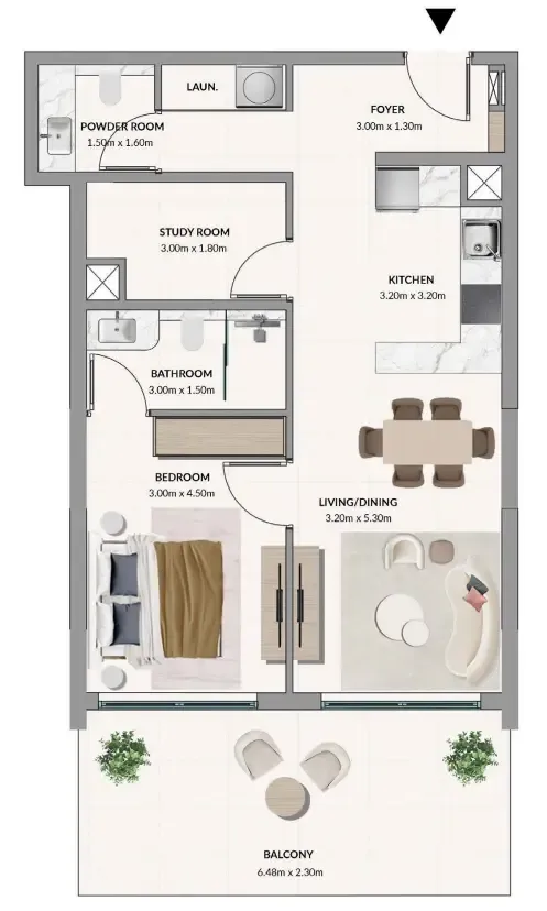 Woodland Terraces 1 bed floor plan, 877 sqft