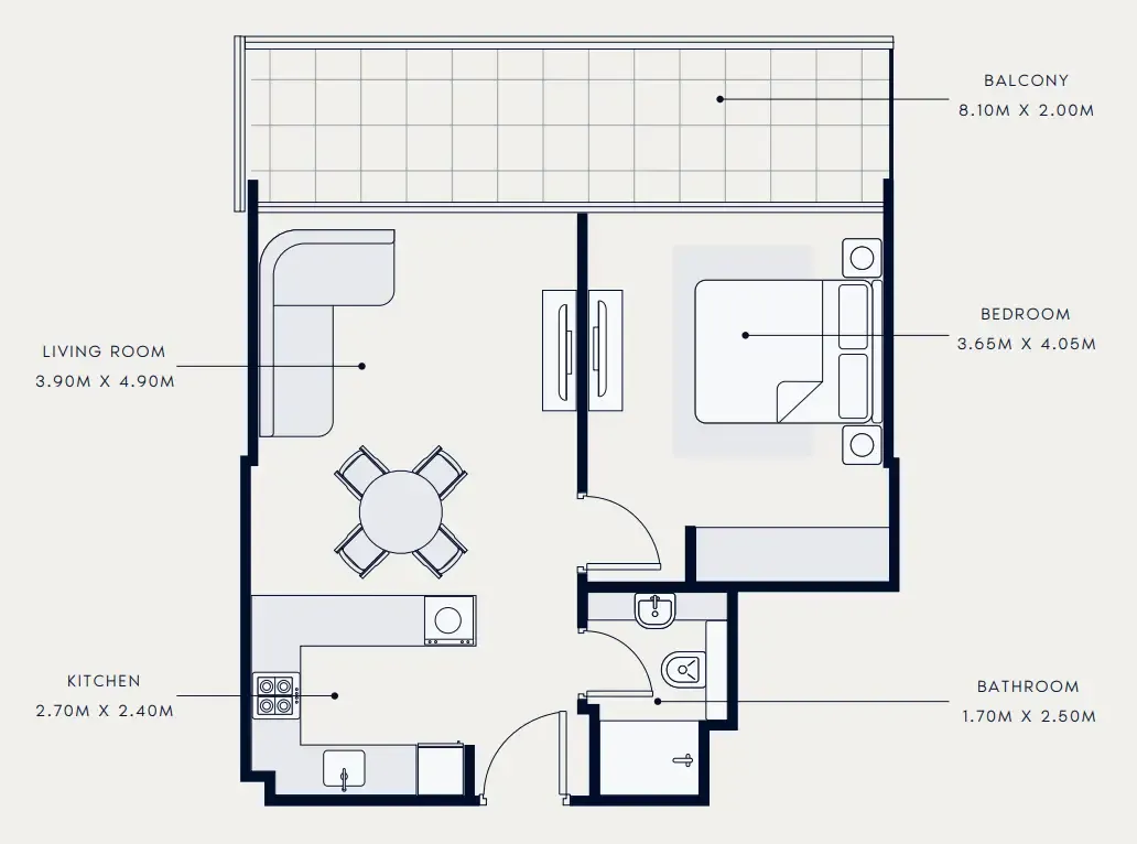 Riviera Azure 1 bed floor plan, 763 sqft