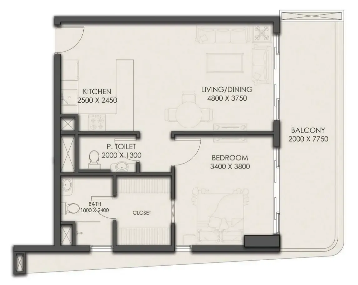 Park Residency 1 bed floor plan, 786 sqft