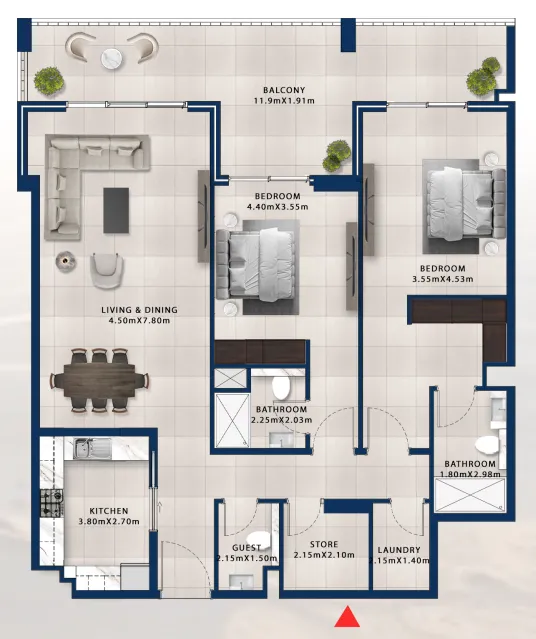 Asayel Avenue 2 bed floor plan, 1,725 sqft