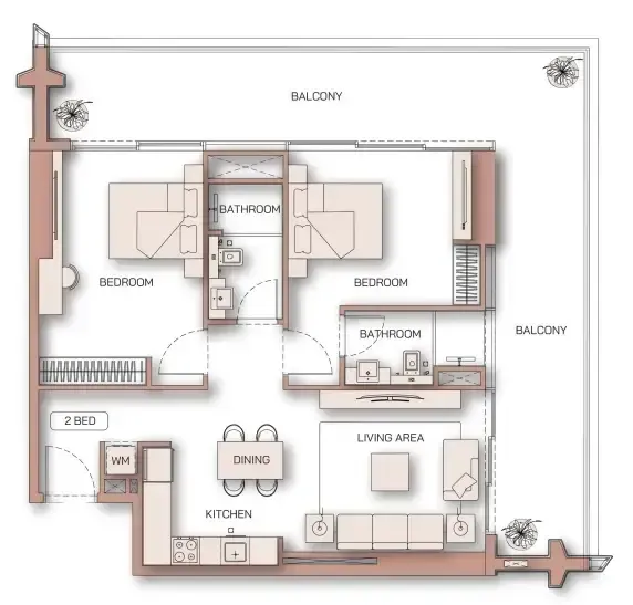 Binghatti Pinnacle 2 bed floor plan, 1,319 sqft