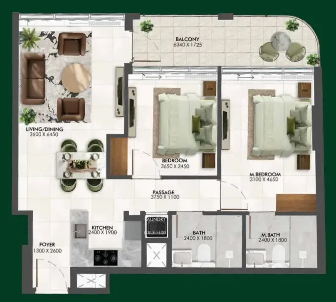 Enchante 2 bed floor plan, 952 – 957 sqft