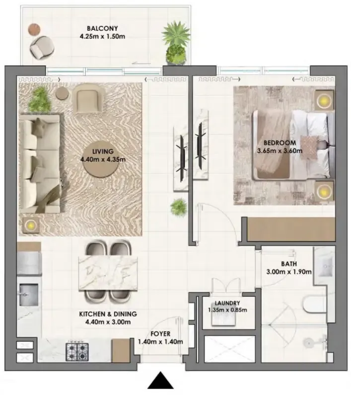 Parkwood Emaar 1 bed floor plan, 728 sqft