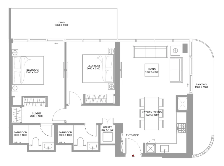 Pearlside Marina Residences 2 bed floor plan, 1,135 sqft