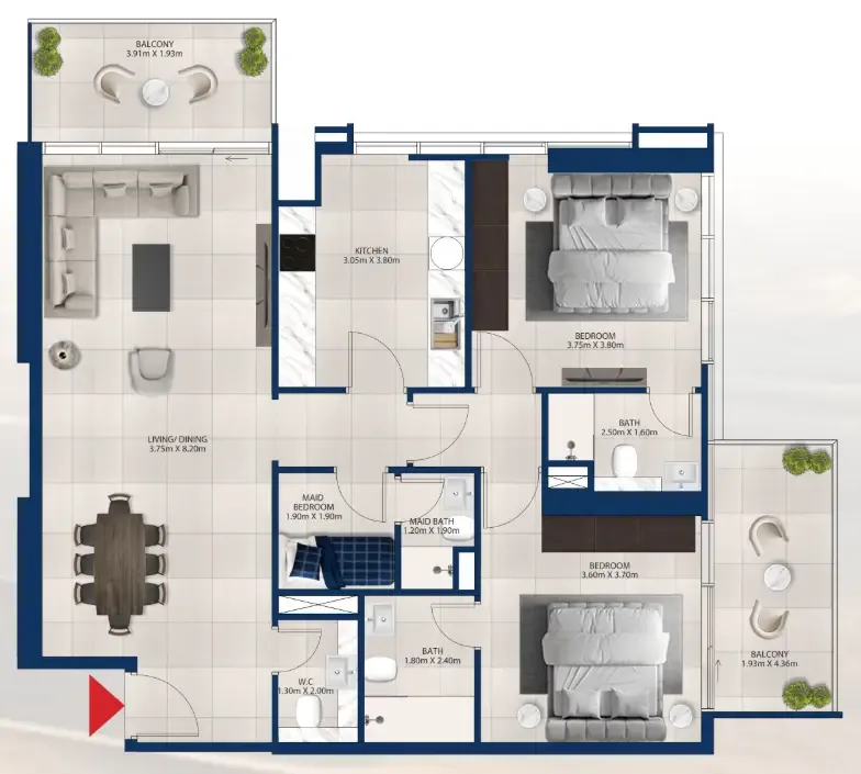 Al Vista 2 bed floor plan, 1,304 sqft