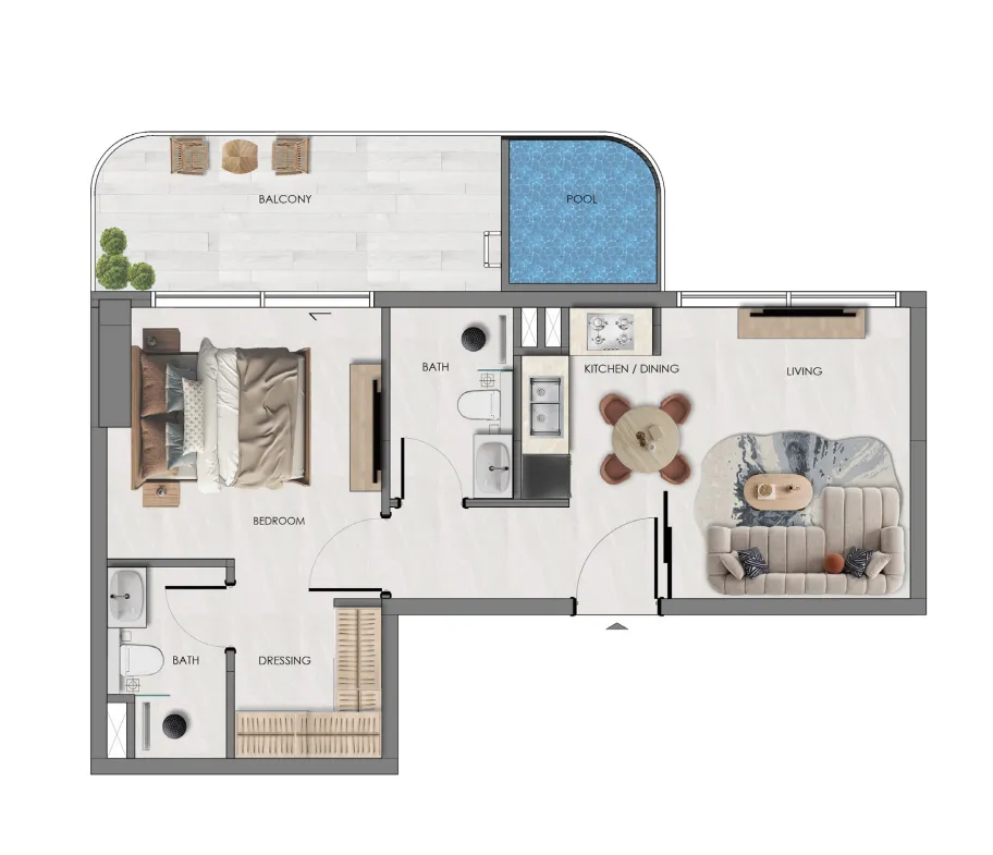 Samana Portside 1 bed floor plan, 655 sqft