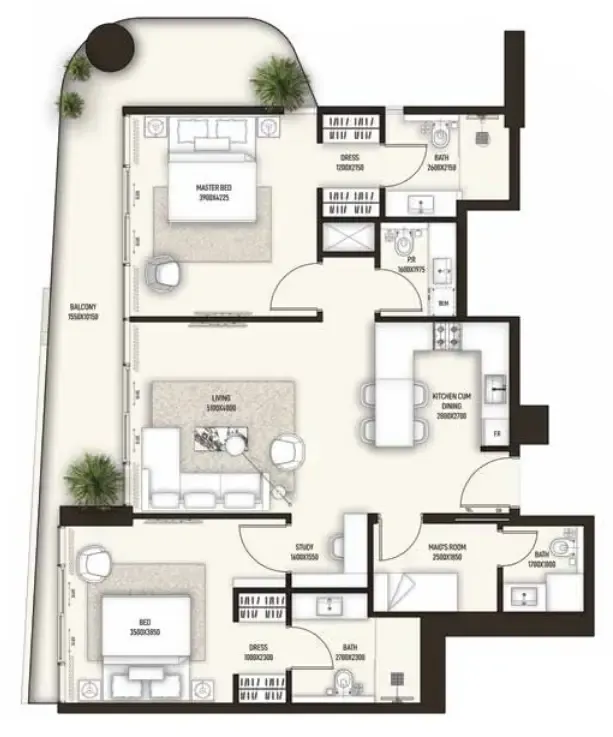 Sonate Residences 2 bed floor plan, 1,391 sqft