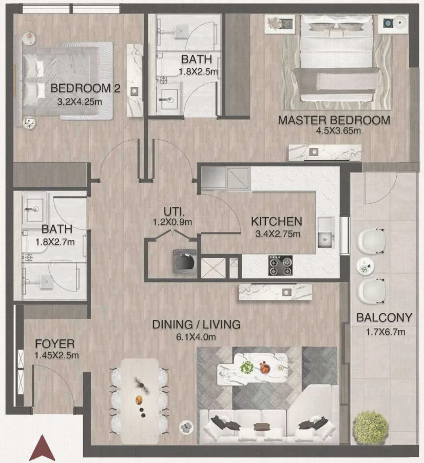 One by Nine 2 bed floor plan, 1,142 sqft