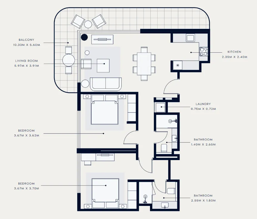 Azizi Venice 2 bed floor plan, 1,133 sqft