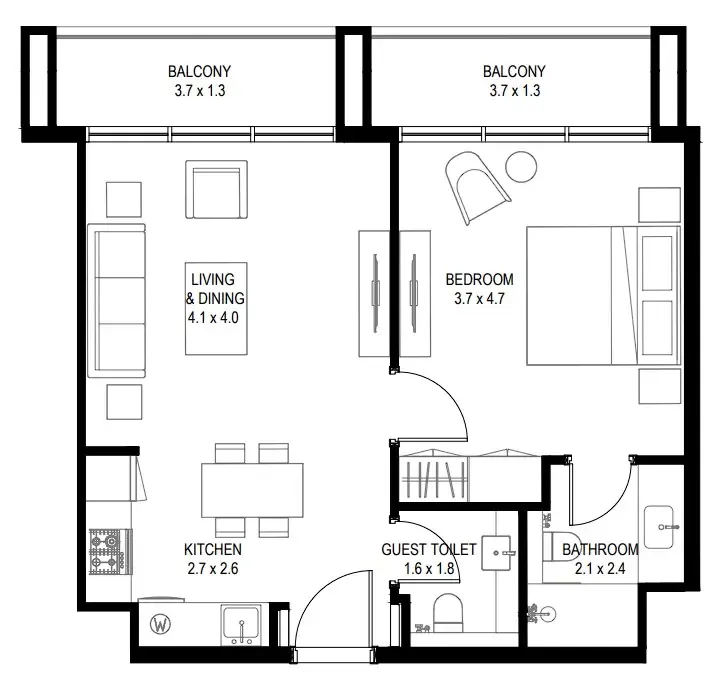 Nasaq Apartments 1 bed floor plan, 709 sqft