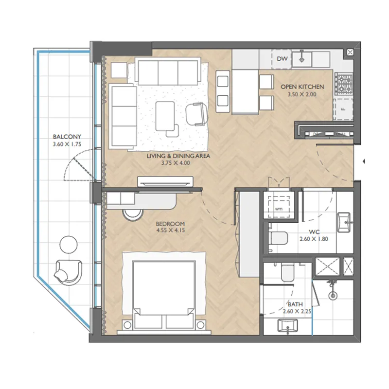 The Collective 1 bed floor plan, 823 sqft