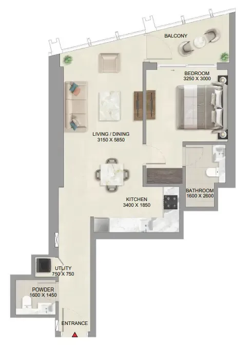 The Mirage at Sobha Central 1 bed floor plan, 782 – 787 sqft