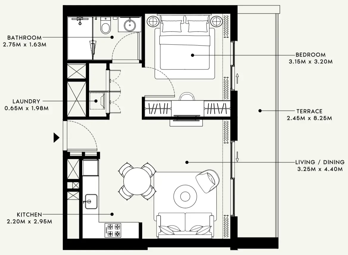 Beach Oasis 1 and 2 1 bed floor plan, 679 sqft