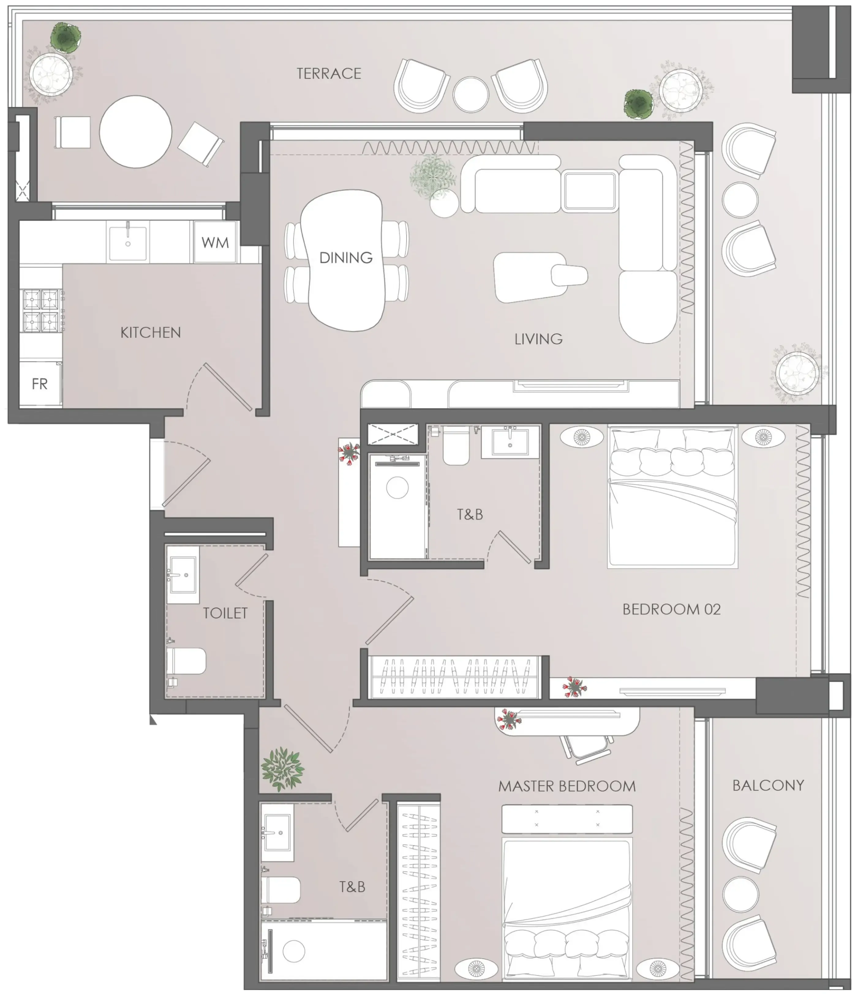 Cavara 42 2 bed floor plan, 1,393 – 1,398 sqft