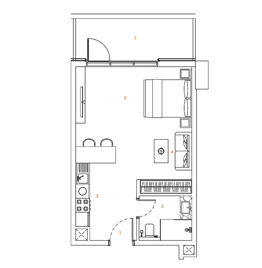 The Orchard Place Towers A & B Studio floor plan, 521 – 537 sqft
