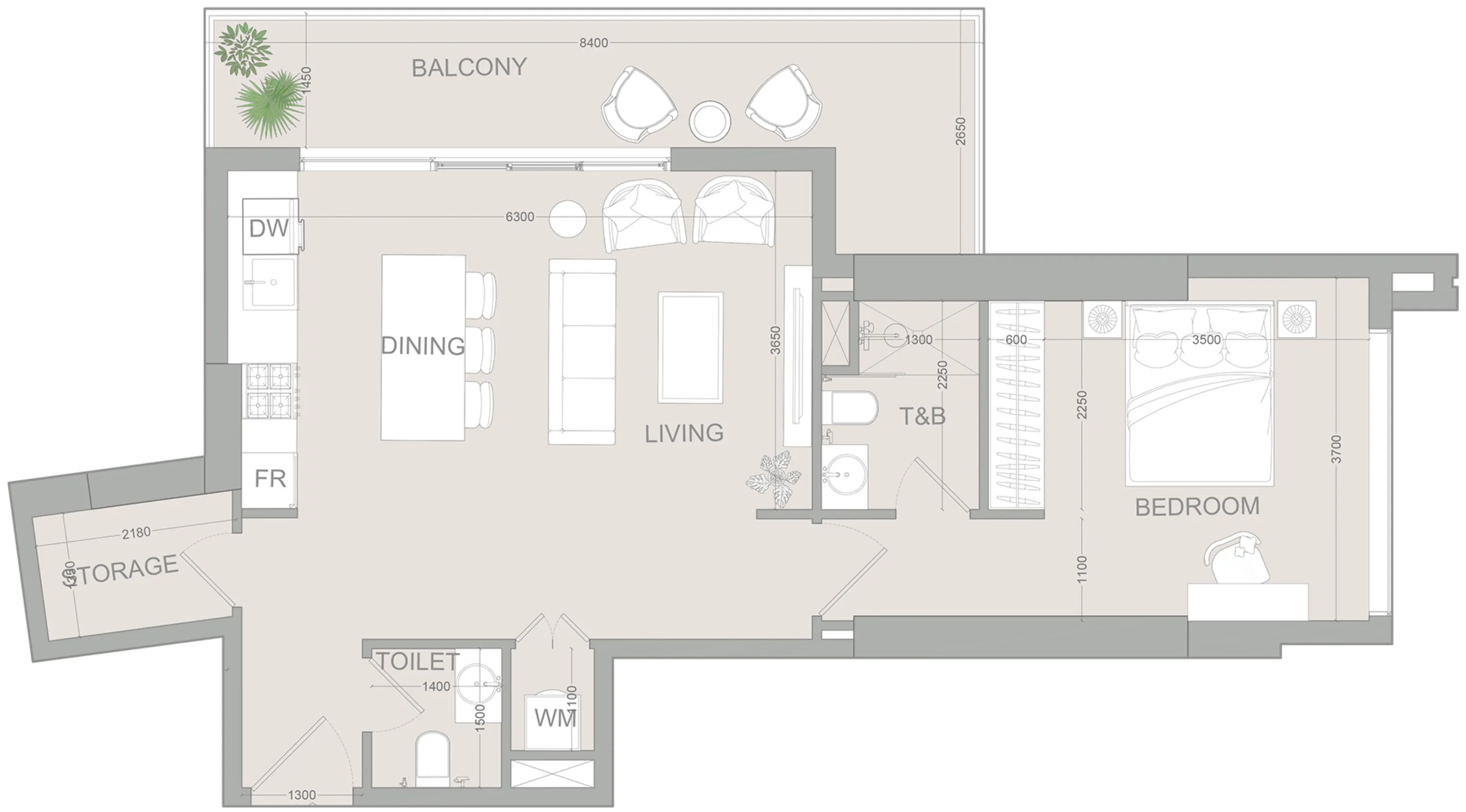 AUREL1A Residence 1 bed floor plan, 877 sqft