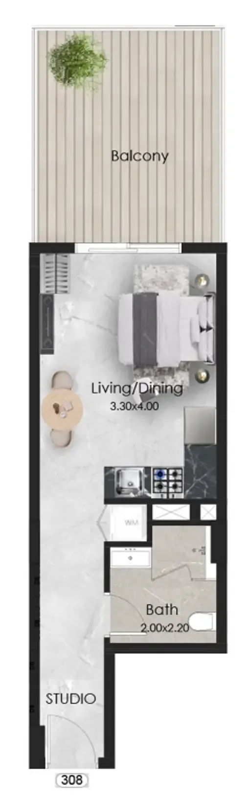 Aristo Studio floor plan, 465 sqft