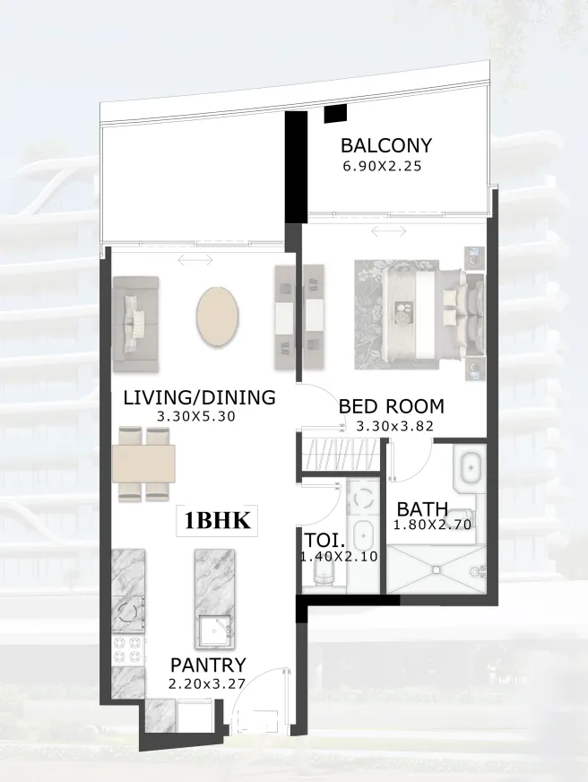 48 Parkside 1 bed floor plan, 820 sqft