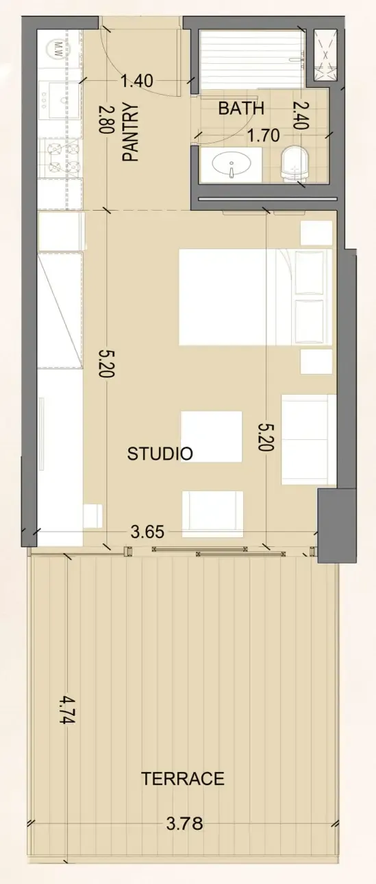 Celia Homes Studio floor plan, 547 – 558 sqft