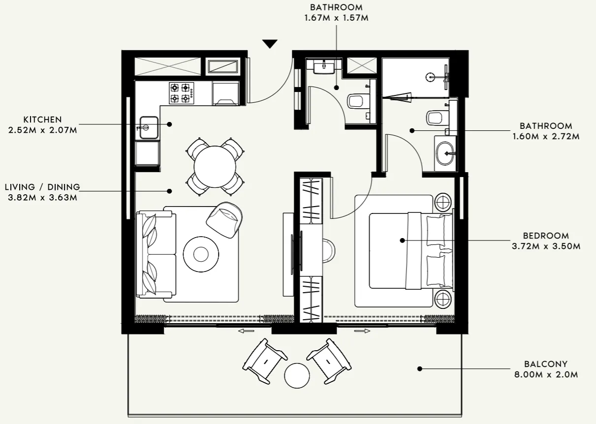 Azizi Venice 1 bed floor plan, 724 sqft