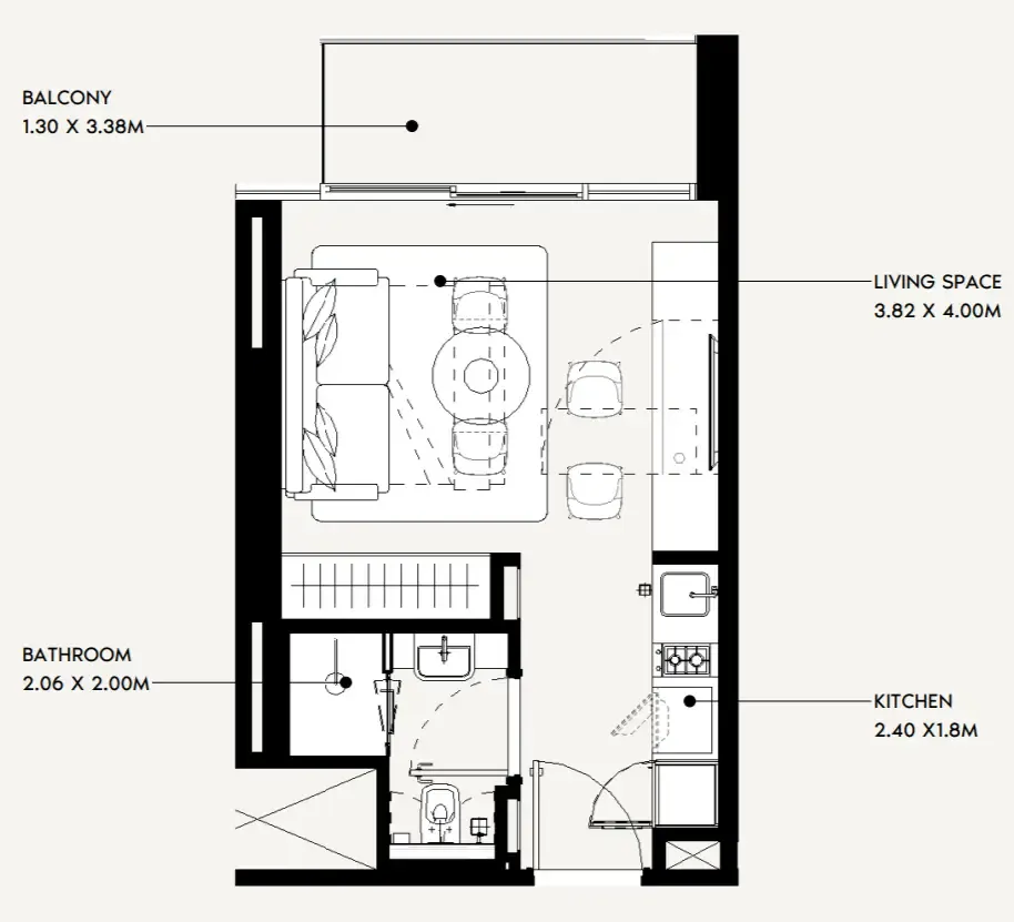 Jaddaf Beach Oasis Studio floor plan, 329 sqft