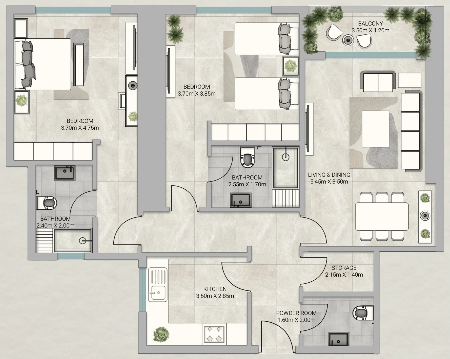 Sky Gardens Tower 2 bed floor plan, 1,618 sqft