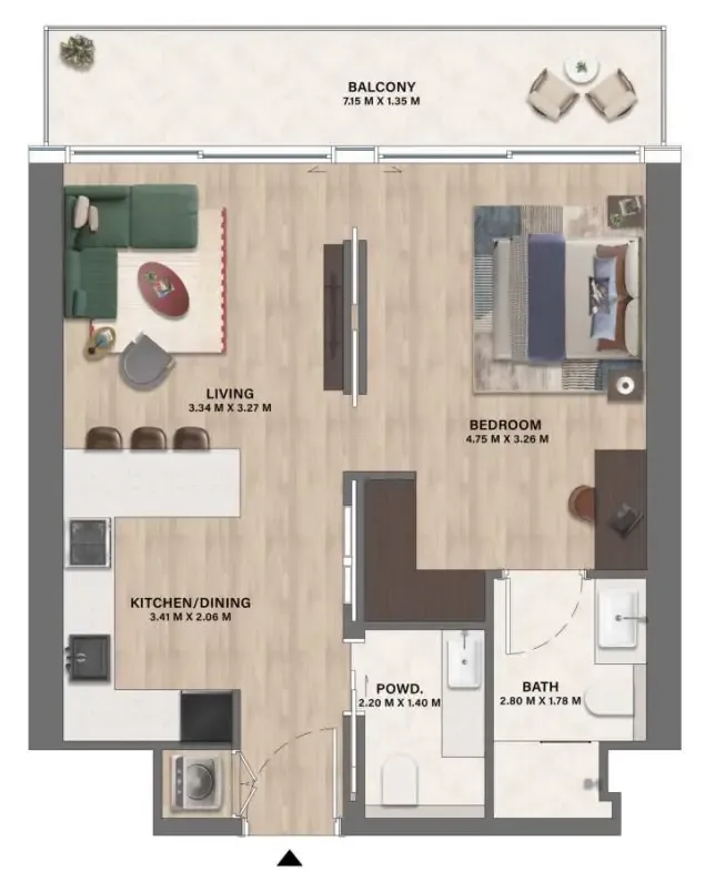 Mövenpick Residences Dubai Motor City Phase 1 1 bed floor plan, 703 sqft