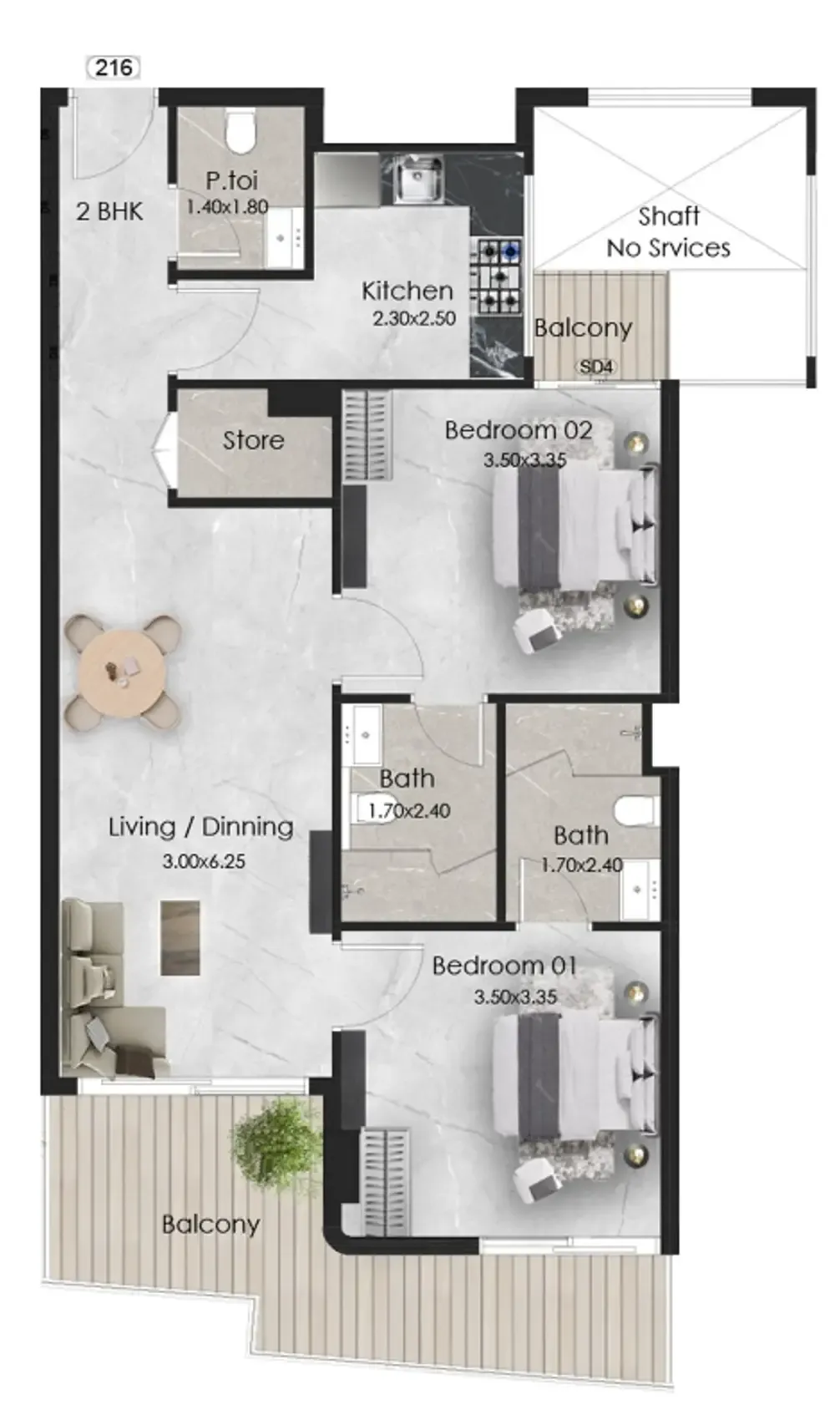 Aristo 2 bed floor plan, 954 sqft