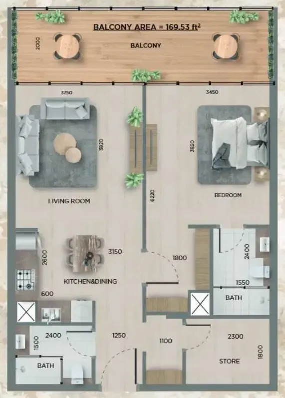 368 Park Ln. 1 bed floor plan, 837 sqft