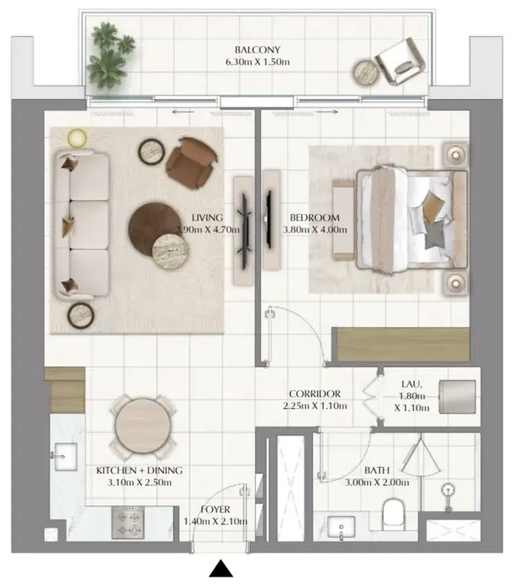 Valia 1 bed floor plan, 821 sqft
