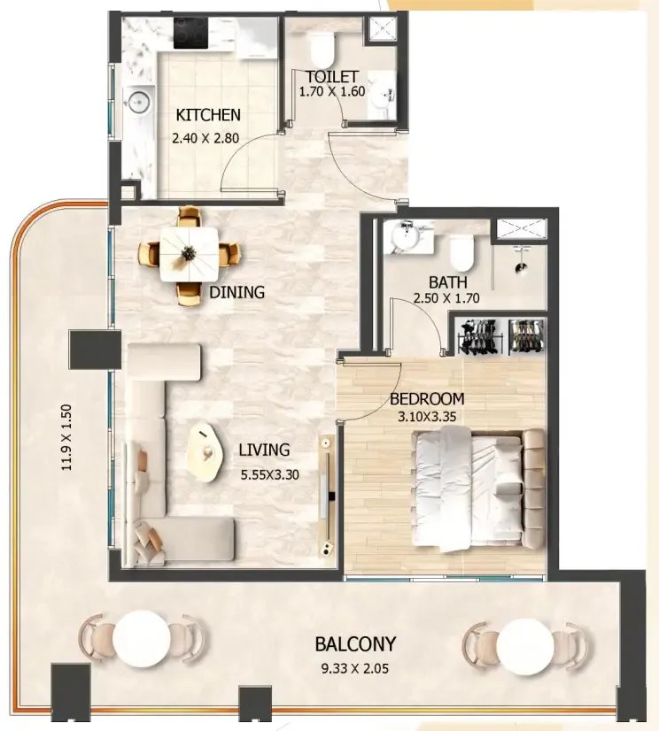 Crystal Tower by VHS 1 bed floor plan, 877 sqft