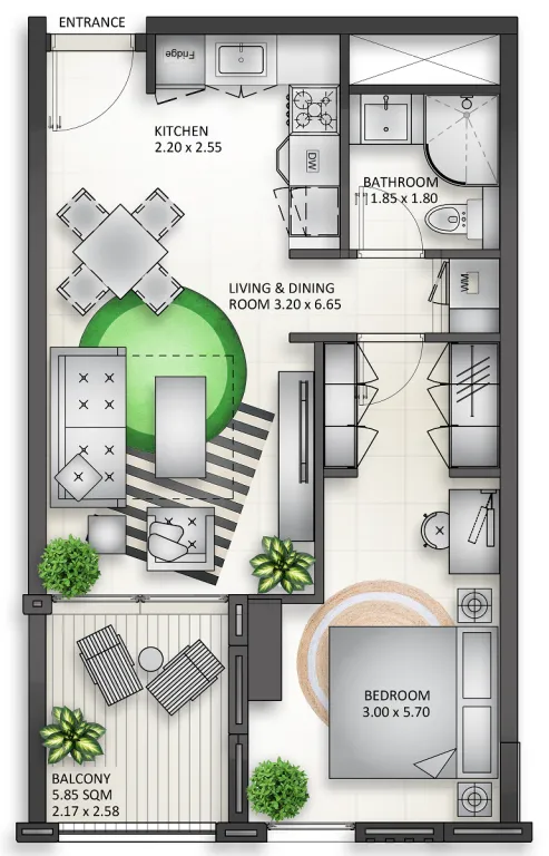 Al Mamsha Sharjah 1 bed floor plan, 763 sqft