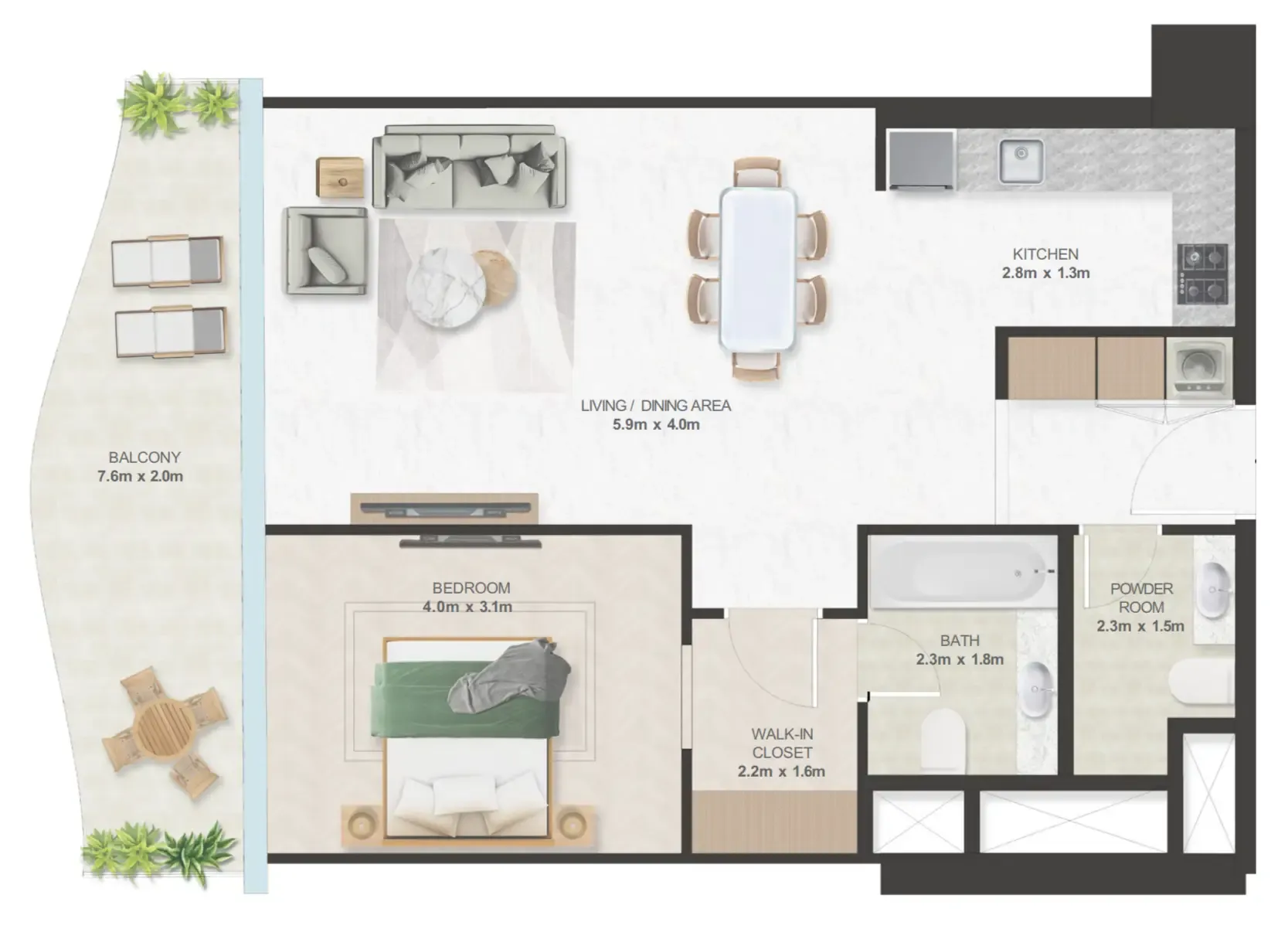 Oystra 1 bed floor plan, 972 sqft
