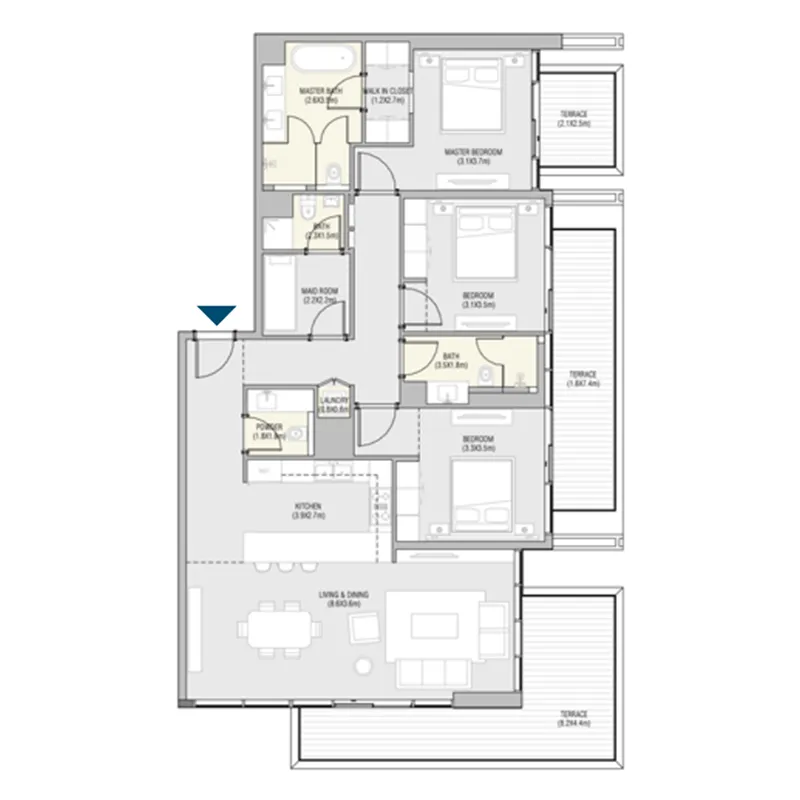 Vida Residences Saadiyat Island 3 bed floor plan, 1,912 sqft
