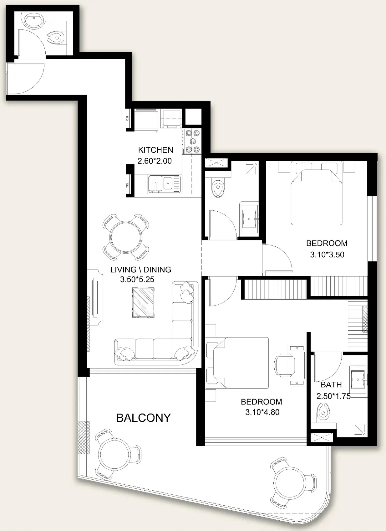 X11 2 bed floor plan, 1,096 sqft