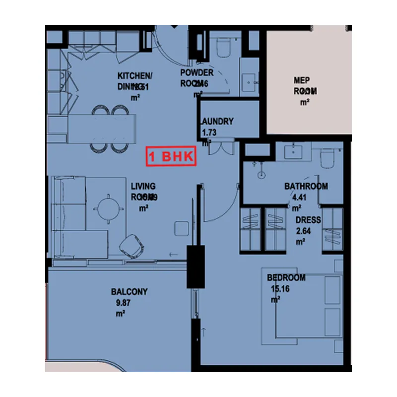 Marquis Horizon 1 bed floor plan, 701 sqft
