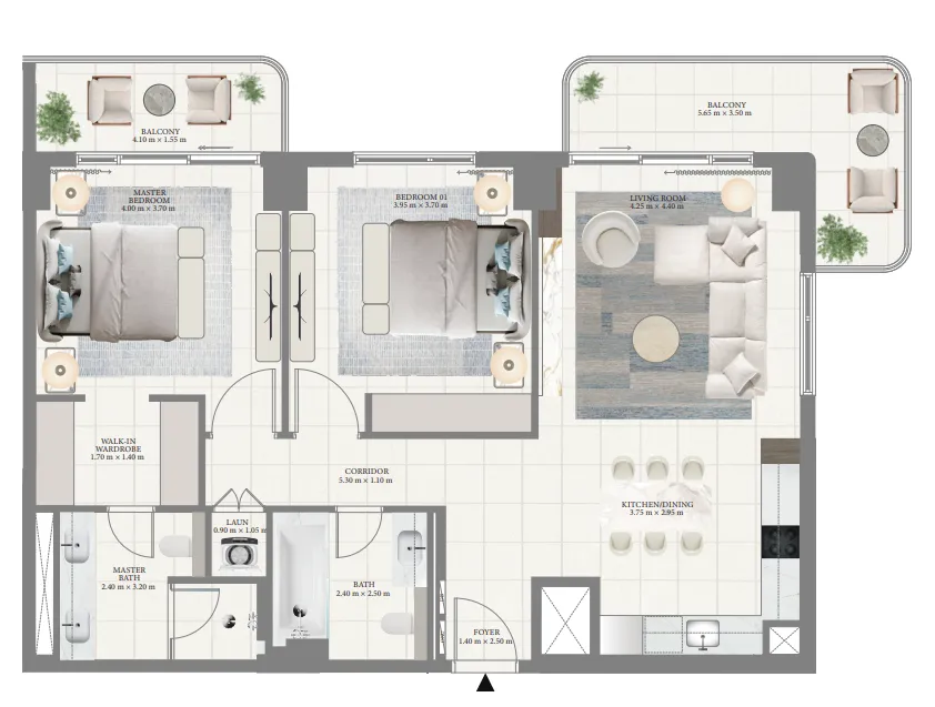 Pier Point 2 bed floor plan, 1,285 sqft